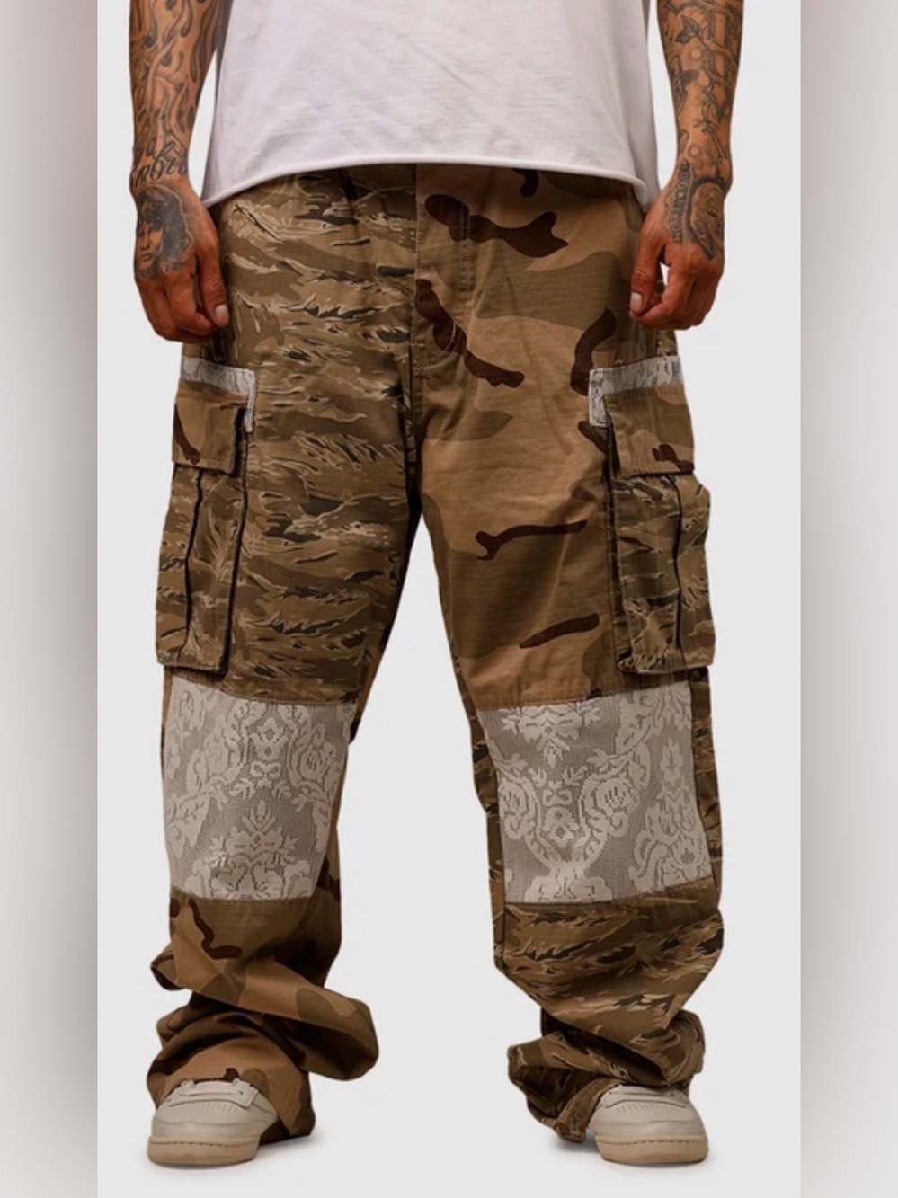MNML Tan Camo Cargo Pants with White Lace Patches